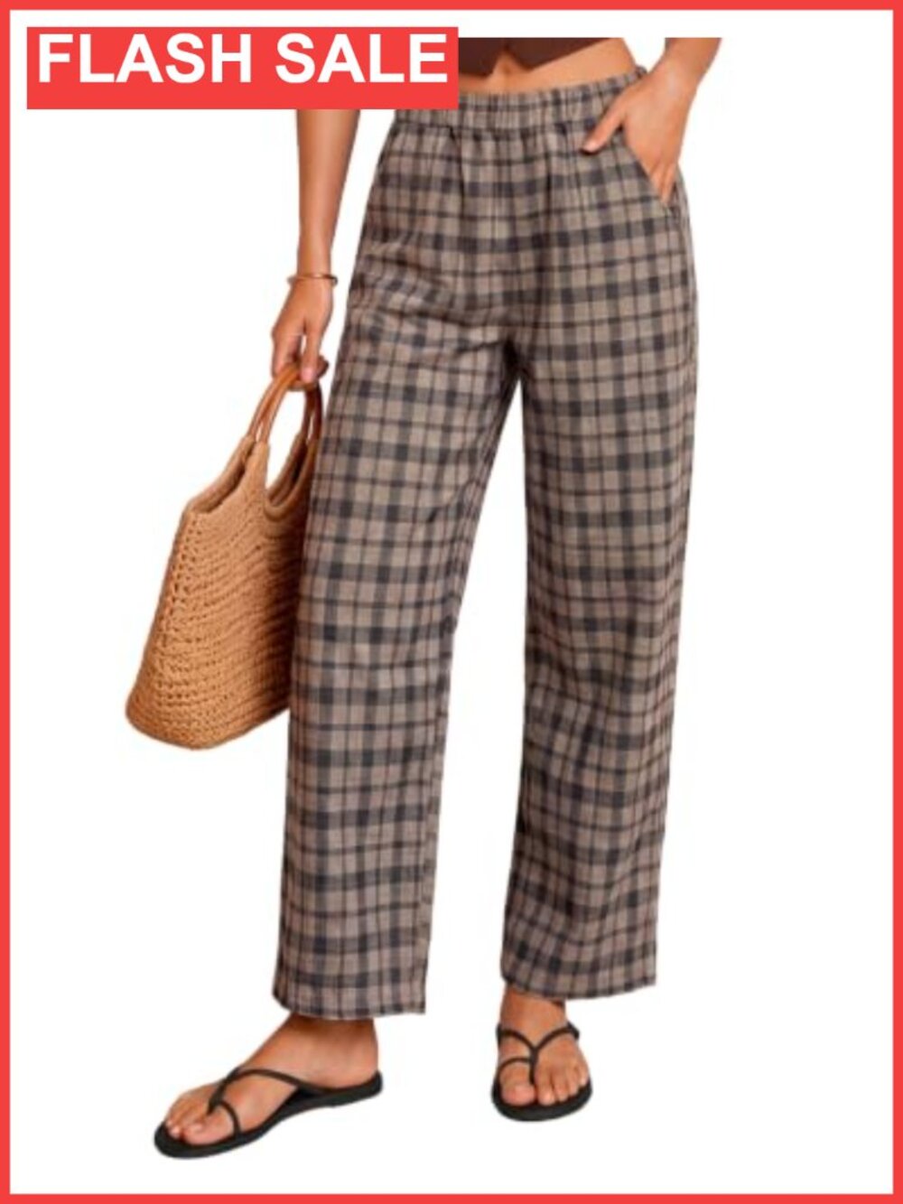 Plaid Wide Leg Pants High Elastic Waist Pull On Work Trousers - Picture 1 of 6